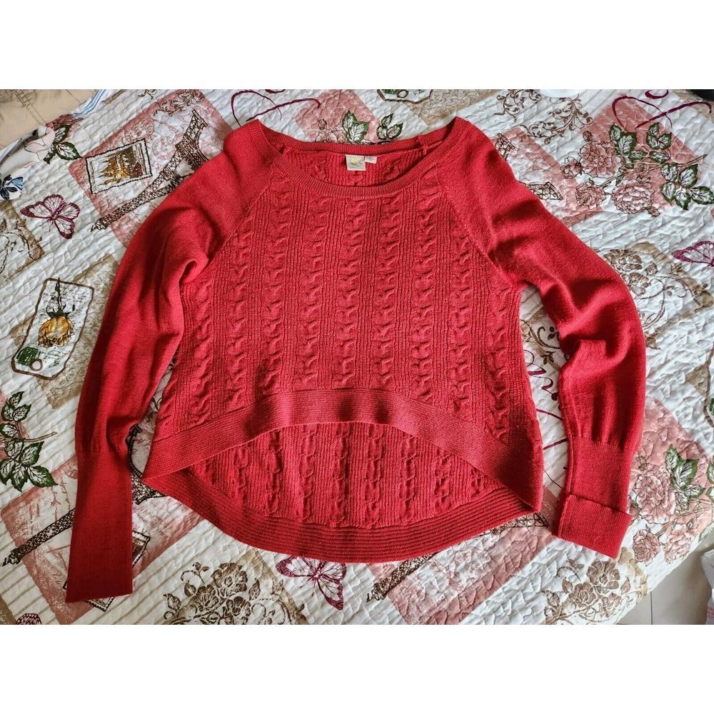 Anthropologie Little Yellow Bird Cropped Cable Knit‎ Sweater  Red Wool Hi-Low M